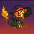 Funny cartoon witch flying on her broom. Royalty Free Stock Photo