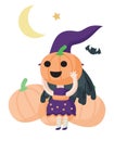 Funny cartoon witch girl character holding creepy carved pumpkin Royalty Free Stock Photo