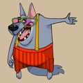 Cartoon wolf in clothes and pink glasses smiling points his paw to the side