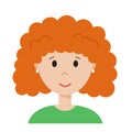 Funny cartoon woman face, cute avatar or portrait. Girl with orange curly hair. Young character for web in flat style Royalty Free Stock Photo