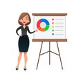 Funny cartoon woman manager presenting whiteboard about financial growth. Young businesswoman making presentation and Royalty Free Stock Photo