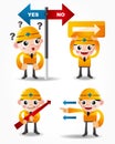 Funny cartoon worker icon set with arrow board Royalty Free Stock Photo