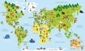 Funny cartoon world map in french with childrens of different nationalities, animals and monuments.