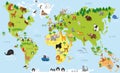 Funny cartoon world map in chinese with traditional animals of all the continents and oceans. Vector illustration Royalty Free Stock Photo