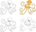 Funny cartoon yellow octopus. Coloring book and dot to dot game