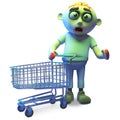 Funny cartoon zombie monster goes shopping with his trolley, 3d illustration