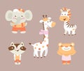 Funny cartoon zoo with bear raccoon zebra giraffe and elephant