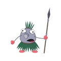 Funny cartoon aborigine Bim with a spear stands and looks in surprise bulging eyes