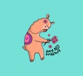 The funny Cartoonish llama in boho style. Animal holding a bouquet of flowers.