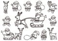 Funny Cartoonish Santa Claus And Reindeer Line Drawing Set In Dynamic Poses, Vector Illustration.