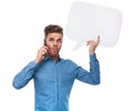 Funny casual man with speech bubble speaking on the phone