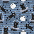 Funny cat alien on space seamless pattern decorative drawing scandinavian artistic hand drawn for baby and kids fashion textile