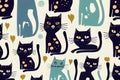 Funny cat animal crowd cartoon pattern in flat illustration style. Cute cat group background, diverse domestic cats. Wallpaper