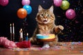 Funny cat with birthday cake, balloons and throwing confetti. Animal birthday celebration