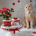 Funny cat with bow tie on St. Valentines Day. Red velvet cakes in heart shape on the stand. Sweet Valentine. Bakery, confectionery Royalty Free Stock Photo