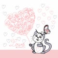 Valentine`s card with a cat and a heart of roses flowers.