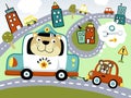 Funny cat cartoon driving police car towing little car in city road