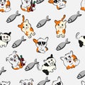 Funny cat cartoon pet with fish seamless pattern, kitty, happy cute kitten, doodle, white background Royalty Free Stock Photo