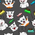 Funny cat cartoon pet seamless pattern. happy pet for print, kitty, kitten doodle, with gray modern background Royalty Free Stock Photo