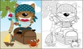 Funny cat cartoon in pirate costume sitting on treasure chest, pirate element cartoon, coloring book or page Royalty Free Stock Photo