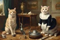 Funny cat and chamber maid pet animal dog pose in a classic oil art painting spoof. The surreal and fun scene is unique and Royalty Free Stock Photo