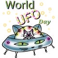 Funny cat character celebrate world ufo day print illustration