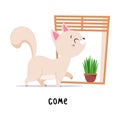 Funny Cat Come Home Through Window as English Verb for Educational Activity Vector Illustration