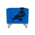 Funny cat on comfy chair. Cartoon domestic pet animal on cozy armchair. Sleeping cute cat drawing. Vector art Royalty Free Stock Photo