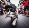 funny cat confident wear cap and sunglass escape walk quiet from market with stolen raw sad fish