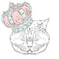 Funny cat in the crown. Vector illustration for a card or poster. Prints on the clothes or accessories. Royalty Free Stock Photo