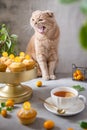 Funny cat with a cup of tea and lemon muffins. Cute cat. Poster, greeting card, cafe bakery, confectionery menu concept