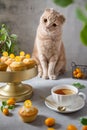 Funny cat with a cup of tea and muffins. Cute cat. Poster, greeting card, cafe bakery, confectionery menu concept