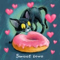 Funny black cat near a pink donut