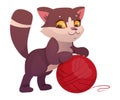 Funny Cat with Cute Snout as Domestic Pet Playing with Yarn Ball Vector Illustration