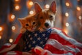Funny cat and dog with big America USA flag celebrates 4th of July Independence Day. Royalty Free Stock Photo