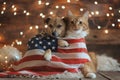 Funny cat and dog with big America USA flag celebrates 4th of July Independence Day. Royalty Free Stock Photo