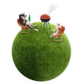 A funny cat and dog having bbq on grass ball Royalty Free Stock Photo