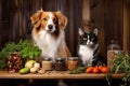 Funny cat and a dog in the kitchen are sitting in front of a table full of various food products. Animals food