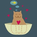 Funny cat dreams of a fish with hearts. T shirt print, postcard, banner design elenent