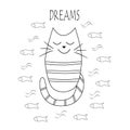 Funny Cat dreams of fish. Vector outline cat and fish