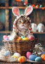 funny cat in easter bunny costume with a basket full of easter eggs Royalty Free Stock Photo