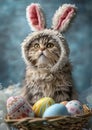 funny cat in easter bunny costume with a basket full of easter eggs Royalty Free Stock Photo