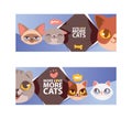 Funny cat faces banner ilustration. Cartoon cute kitten portraits. Animal heads. More love more cats. Pet thinking about