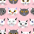 Funny cat faces with different emotions on a pink background.