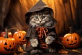 Funny cat in fantasy costume on Halloween, little pet with pumpkins