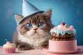 A funny cat in a festive hat near birthday cake with a burning candle. Birthday party card. Generative AI.