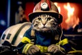 Funny cat is fireman. Successful firefighter wearing helmet at work. cat dressed as a firefighter, complete with a Royalty Free Stock Photo