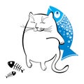 Funny cat with fish. Series of comic cats. Royalty Free Stock Photo