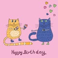 funny cat gives a gift to kitty. Vector illustration. IsolatedCartoon. Coloring pages for adults and children. Hand