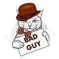 Funny cat with a hat and a tie with a sign. Bad guy, bully. Vector illustration for a postcard or a poster, print for clothes.